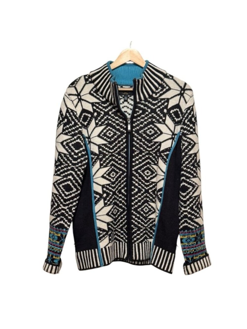 Icelandic Design Sz L Black White Wool Blend Cardigan Sweater Pockets Fair Isle - Picture 2 of 8